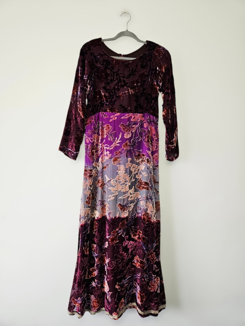 Handmade Velvet Floral Maxi Dress Size M Long Sleeve Purple Boho